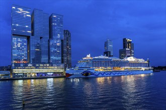 Rotterdam, skyline at the Nieuwe Maas, skyscrapers at the Kop van Zuid district, cruise ship Aida