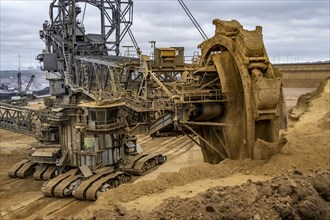 Opencast lignite mine Garzweiler 2, bucket wheel excavator 261 excavating the surface, at the rest