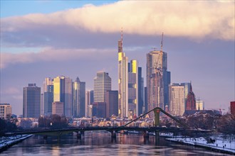 The skyline of Frankfurt am Main, skyscrapers of the banking district, FlöÃŸerbrücke, wintry