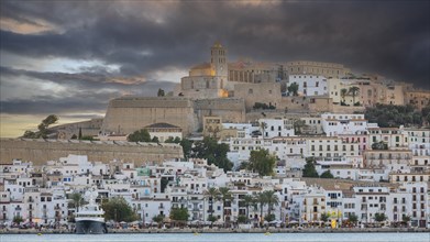 Dark clouds over the fortress and the old town of Eivissa, Ibiza Town, Ibiza, Balearic Islands,