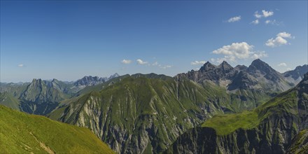 Panorama from Wildengundkopf, 2238m to Höfats 2259m, GroÃŸer Wilder, 2379m, Öfnerspitze, 2576m, and