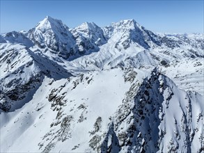 Aerial view, snow-covered mountain landscape, view of Ortler, Monte ZebrÃ¹, Königsspitze in the