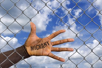 The hand of a foreigner behind a wire mesh fence, hole, loophole, help, refugee, asylum, migrant,