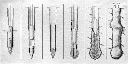 Drawing showing cross-section of different stages of driving an expanded base cast-in-situ concrete