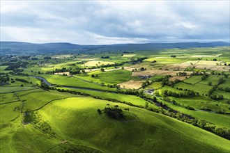 Farms and Fields over Yorkshire Dales National Park from a dron, North Yorkshire, England, United