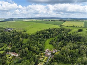 Farms and Fields over Rievaulx Village from a drone, North York Moors National Park, North