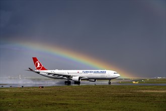 Turkish Airlines Airbus A330-303, TC-JOJ, on the west runway, rainbow, Frankfurt am Main Airport,