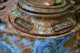 Rusty and coloured close-up of an old tank, clear traces of corrosion visible, Anthony Quinn Bay,