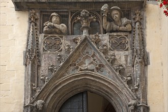 Detailed view of the staircase portal, 1408, Old Town Hall, Regensburg, Upper Palatinate, Bavaria,