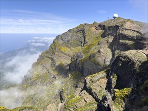 PR1 hiking trail with a view of the radar station on Pico Arieiro, Madeira, Portugal, Europe