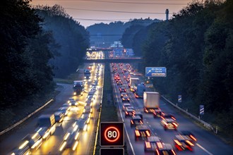 Motorway A40, Ruhrschnellweg, near Bochum, heavy evening traffic, in front of the motorway junction