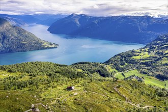 Aerial view of the Lustrafjord, the inner Sognefjord, view over slopes of Mt. Molden, Norway,