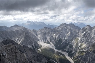 View of Wimbachgries valley and mountain panorama with rocky mountain peak of Hochkalter, at