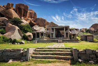 Tourist indian landmark Ancient ruins in Hampi. Hampi Bazaar, Hampi, Karnataka, India, Asia