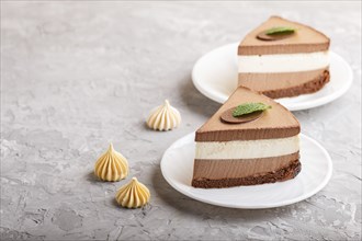 Cake with souffle milk chocolate cream on a gray concrete background. side view, close up, copy