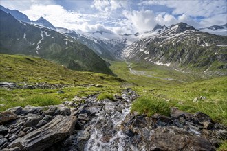 Picturesque mountain landscape with mountain stream, mountain summit with snow and glacier