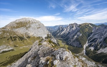 View of Falzthurntal with Sonnjoch summit, from the summit of Hanhkampl, Karwendel Mountains,