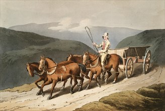 Scene from everyday life in England around 1810, farmer with a four-horse cart on his way to town,