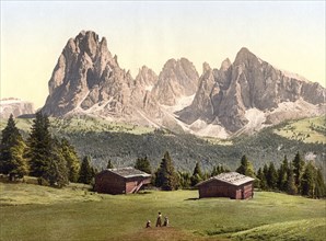 Alps, Sassolungo Group from the north, Tyrol, Austria, Historical, digitally restored reproduction