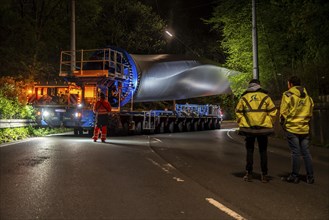 Transport of a 68 metre long, 22 tonne blade of a wind turbine, here in Schwelm, with a