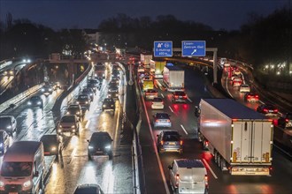 Evening traffic jam on the A40 motorway, Essen-Huttrop junction, traffic jam in both directions,