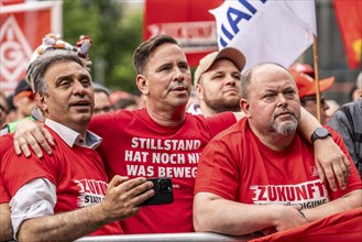 Demonstration by many thousands of steelworkers in front of the ThyssenKrupp headquarters in Essen