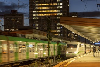 Railway station, ICE train and S-Bahn, on the platform, Essen, North Rhine-Westphalia, Germany,