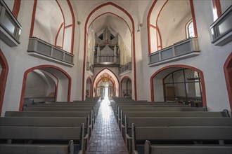 Interior with organ loft, St Nikolai Church, Siegen, North Rhine-Westphalia, Germany, Europe