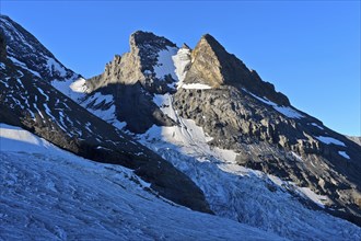 Ufem Stock summit above the Blüemlisalp glacier, Kandersteg, Bernese Oberland, Switzerland, Europe