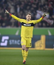 Goalkeeper Alexander Nuebel VfB Stuttgart (33) cheers, PreZero Arena, Sinsheim, Baden-Württemberg,