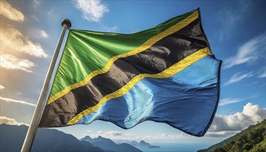 Flags, the national flag of Tanzania flutters in the wind