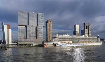 Rotterdam, skyline at the Nieuwe Maas, skyscrapers at the Kop van Zuid district, cruise ship Aida