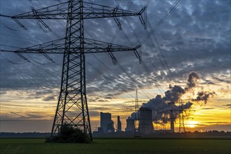 Lignite-fired power plant, RWE Power AG Niederaussem power plant, sunset, Bergheim, North