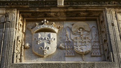 An elaborately designed stone relief with historical coats of arms and symbols from the Middle