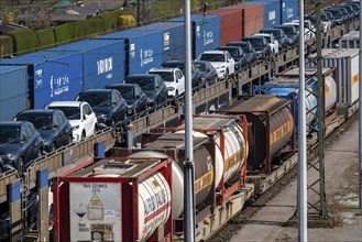 Duisburg-Rheinhausen freight station, at the Logport harbour area, goods trains loaded with new