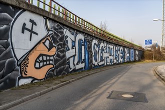 Large-format mural, graffiti, of the Schalke fan scene, below the A42 motorway,