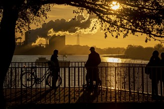 Rhine promenade in Duisburg-Wanheim, sunset, view of the Rhine and Hüttenwerke Krupp Mannesmann,