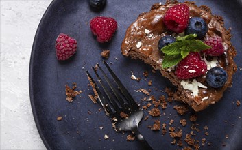 Half-eaten chocolate tartlet, on a plate, stuffed with cottage cheese and berries, breakfast,