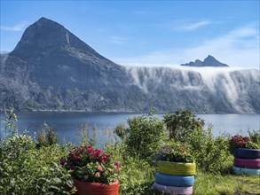 View from rest area over fjord Mefjord on Senja island, in the background the peaks of famous Segla