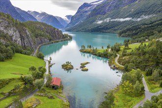 Aerial view of lake Lovatnet (or: Loenvatnet), view towards south to glacier Jostedalsbreen,