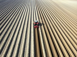 An aerial photo shows a tractor in a large asparagus field. Preparations for the asparagus season.