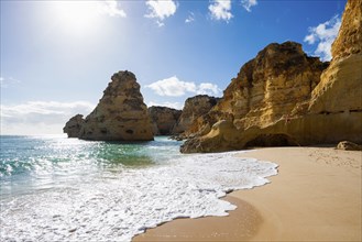 Beach and coloured rocks, Praia da Marinha, Carvoeiro, Algarve, Portugal, Europe