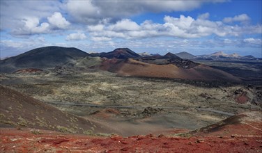 Volcanic landscape of the Fire Mountains, Montanas del Fuego, Timanfaya National Park, Lanzarote,