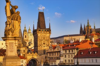 Lesser Town Bridge Tower in the early morning, Charles Bridge in Prague, Czech Republic, Europe