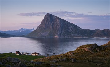 Landscape at Stornappstinden mountain. View of the mountain Offersoykammen on Vestvagoya. Some