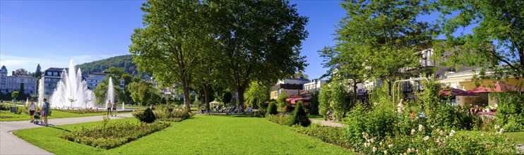 Fountain in the spa gardens and rose garden, Bad Kissingen, Rhön, Lower Franconia, Franconia,