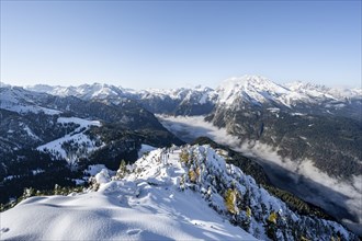 Snow-covered summit of the Jenner with viewing platform in autumn, view of the sea of clouds and