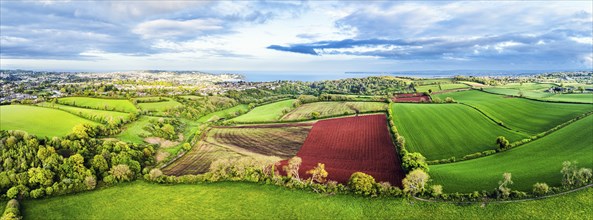 Panorama of Fields and Farms over Torquay from a drone, Devon, England, United Kingdom, Europe