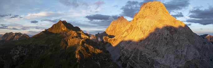 Hohe Warte, sunset in the mountainsAerial view, Carnic Alps, Carnic Alps main ridge, Austria,