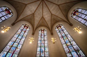 Interior view, choir, apse, wooden ceiling, wood panelling, St. Katharinen Protestant Church,